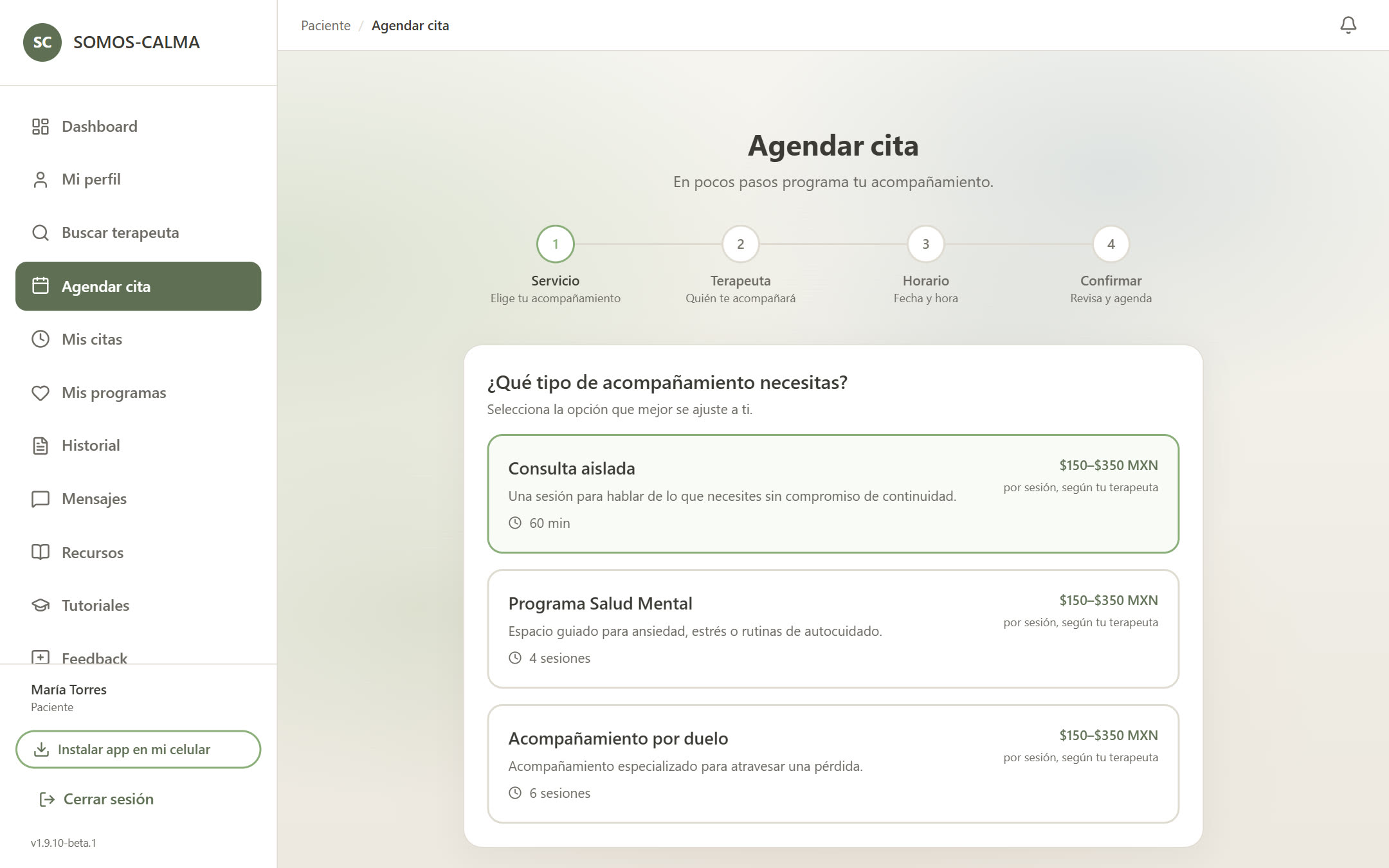 Agendamiento de Somos Calma: consulta aislada o programas de 4 o 6 sesiones en pasos guiados