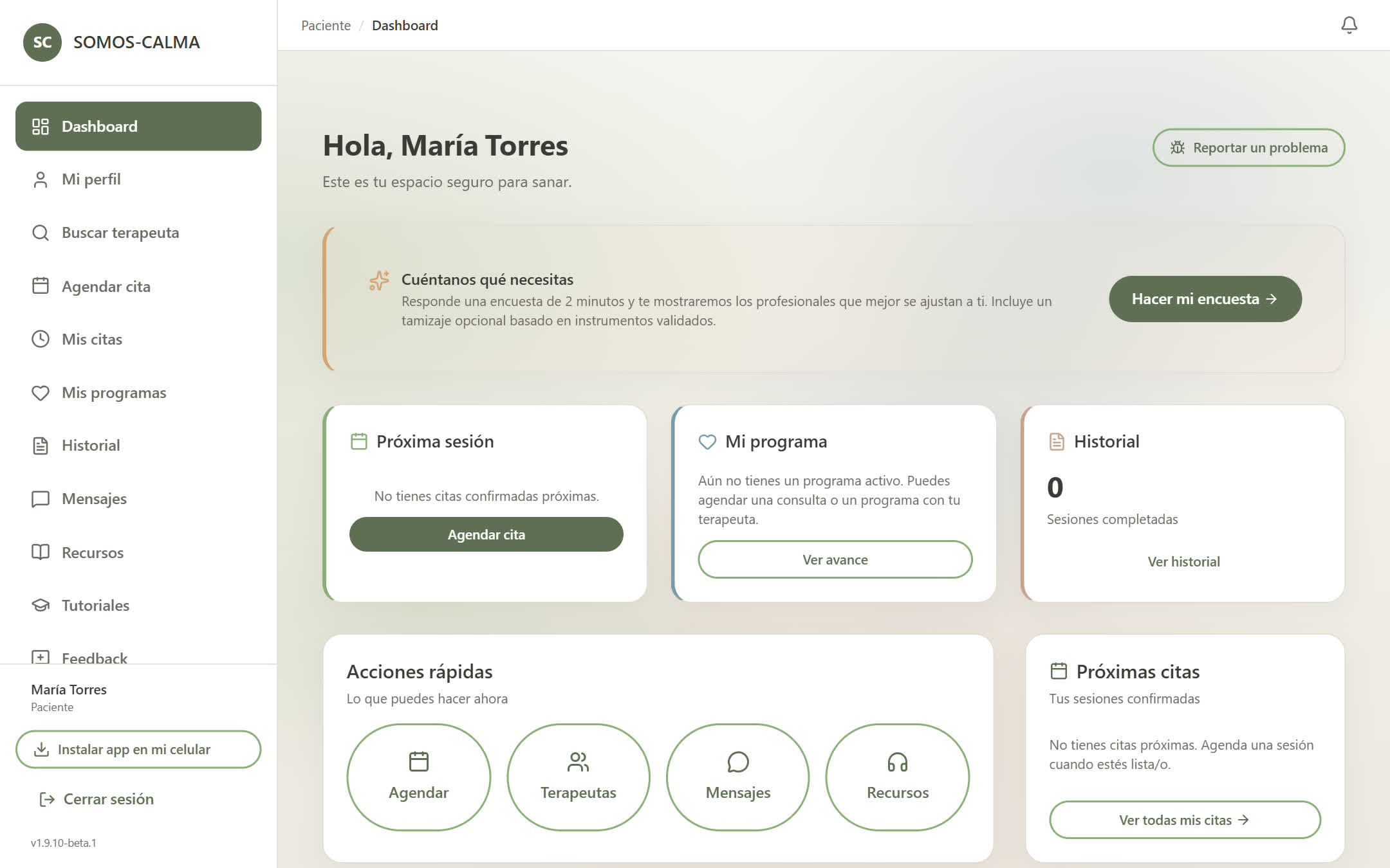 Panel de paciente de Somos Calma: próxima sesión, programa, historial y accesos rápidos