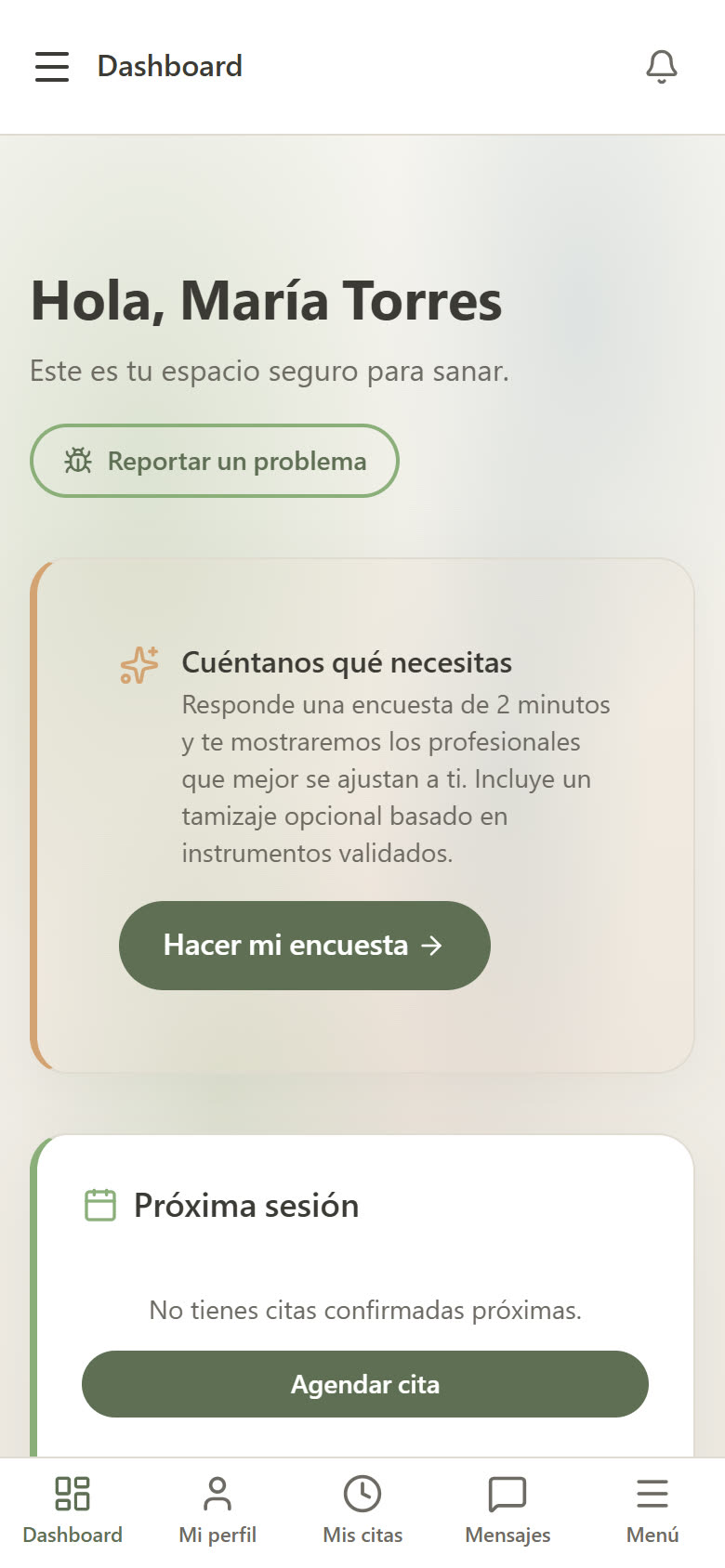 Panel de paciente de Somos Calma en el celular con navegación inferior