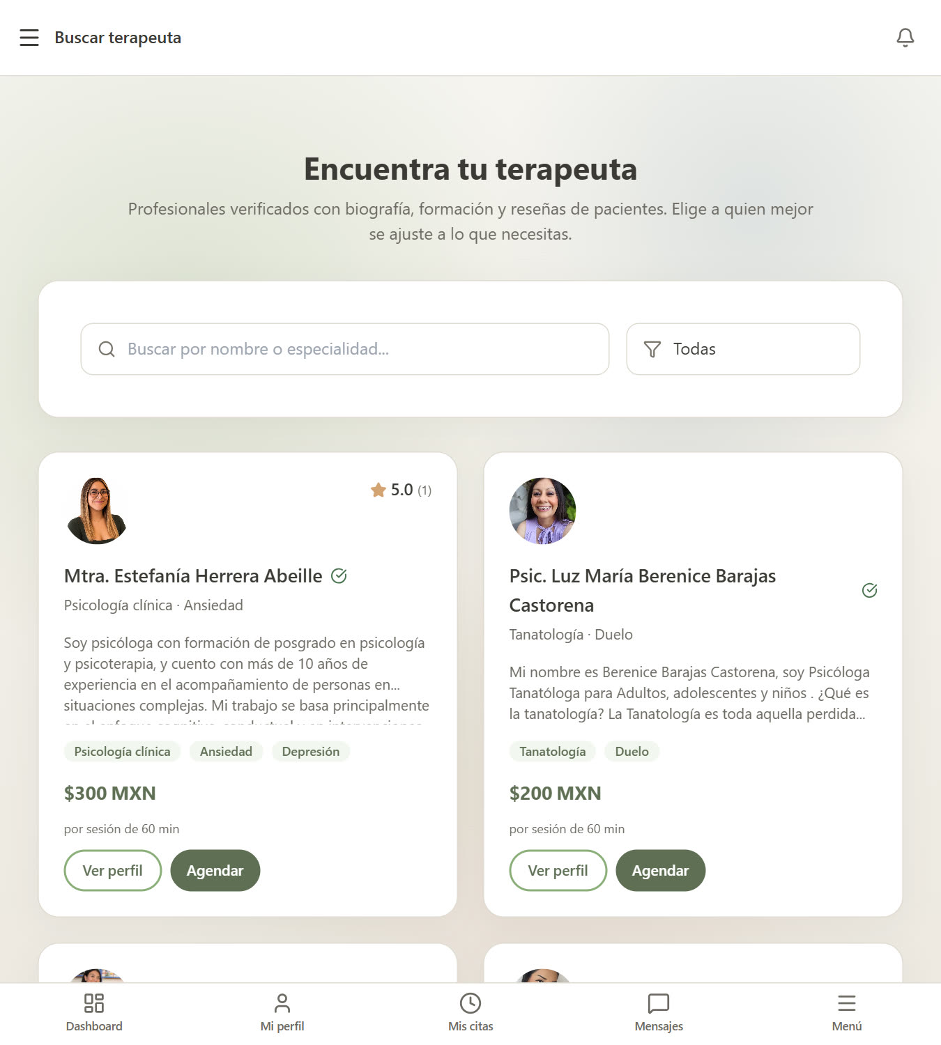 Directorio de terapeutas verificados de Somos Calma en el celular, con tarifas y especialidades