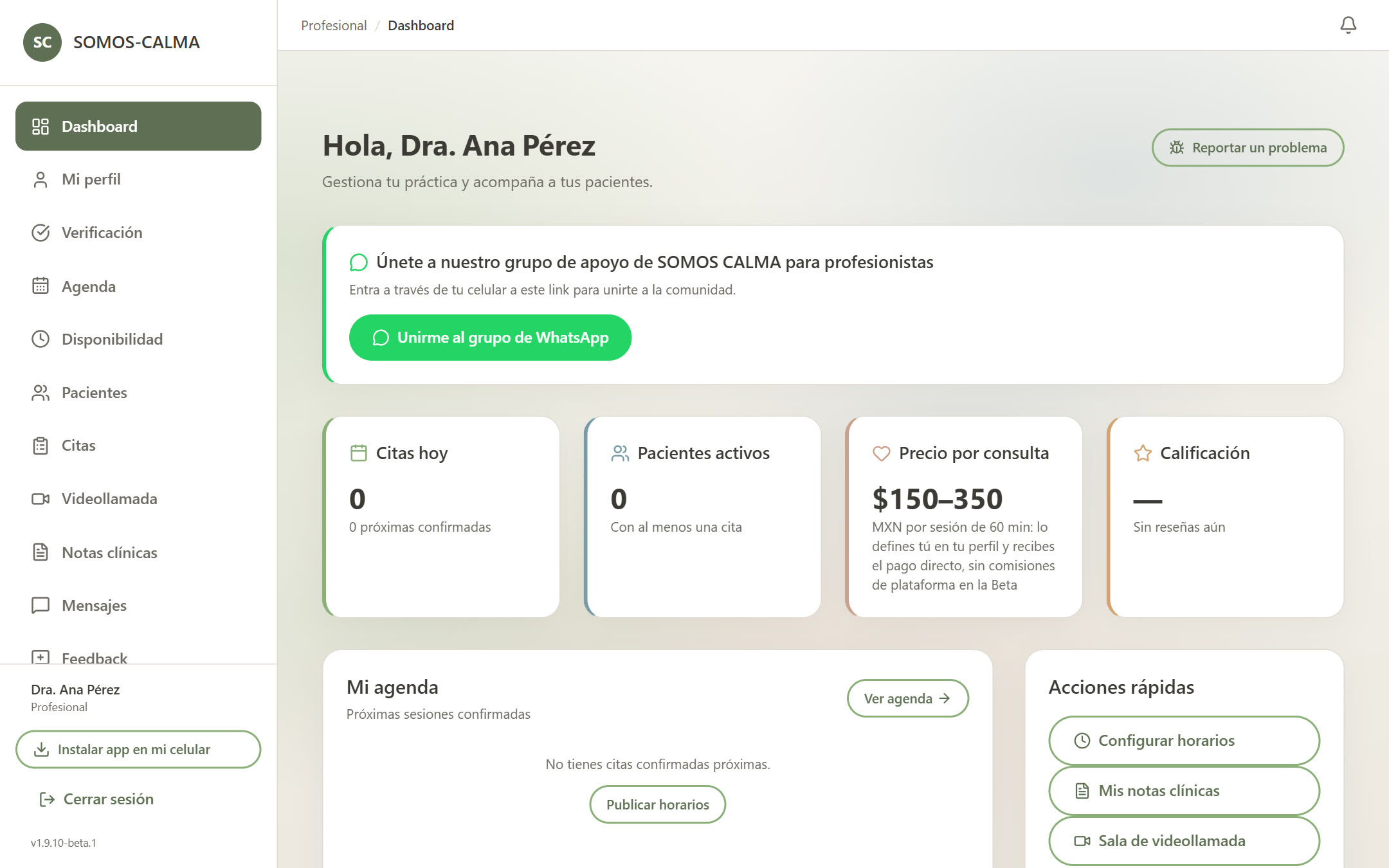 Panel de profesionales de Somos Calma: citas del día, pacientes activos y accesos rápidos