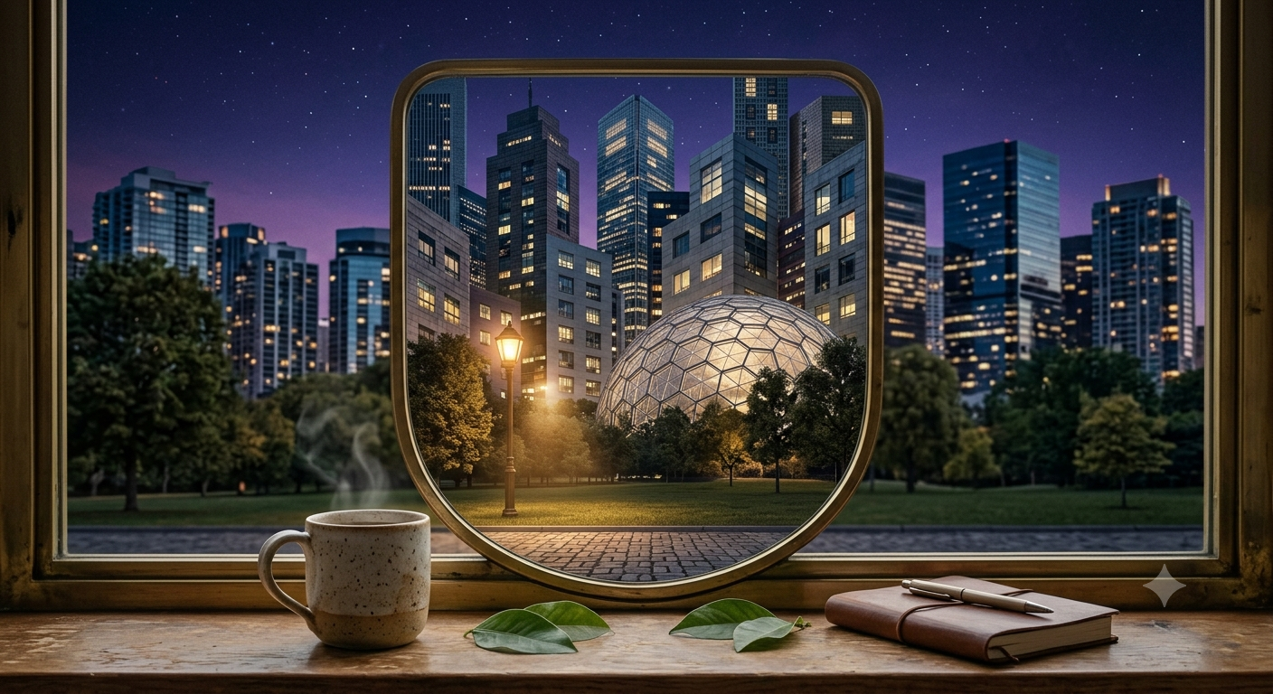 Ventana con vista nocturna de la ciudad, símbolo de reflexión y calma